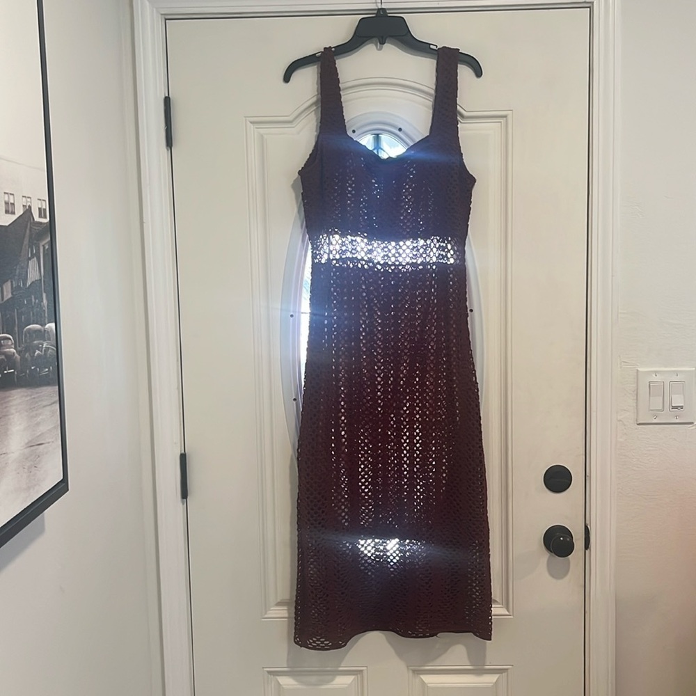 Lucy Paris Women's Size L Mia Crochet Brown Square Neck Midi Dress NEW
